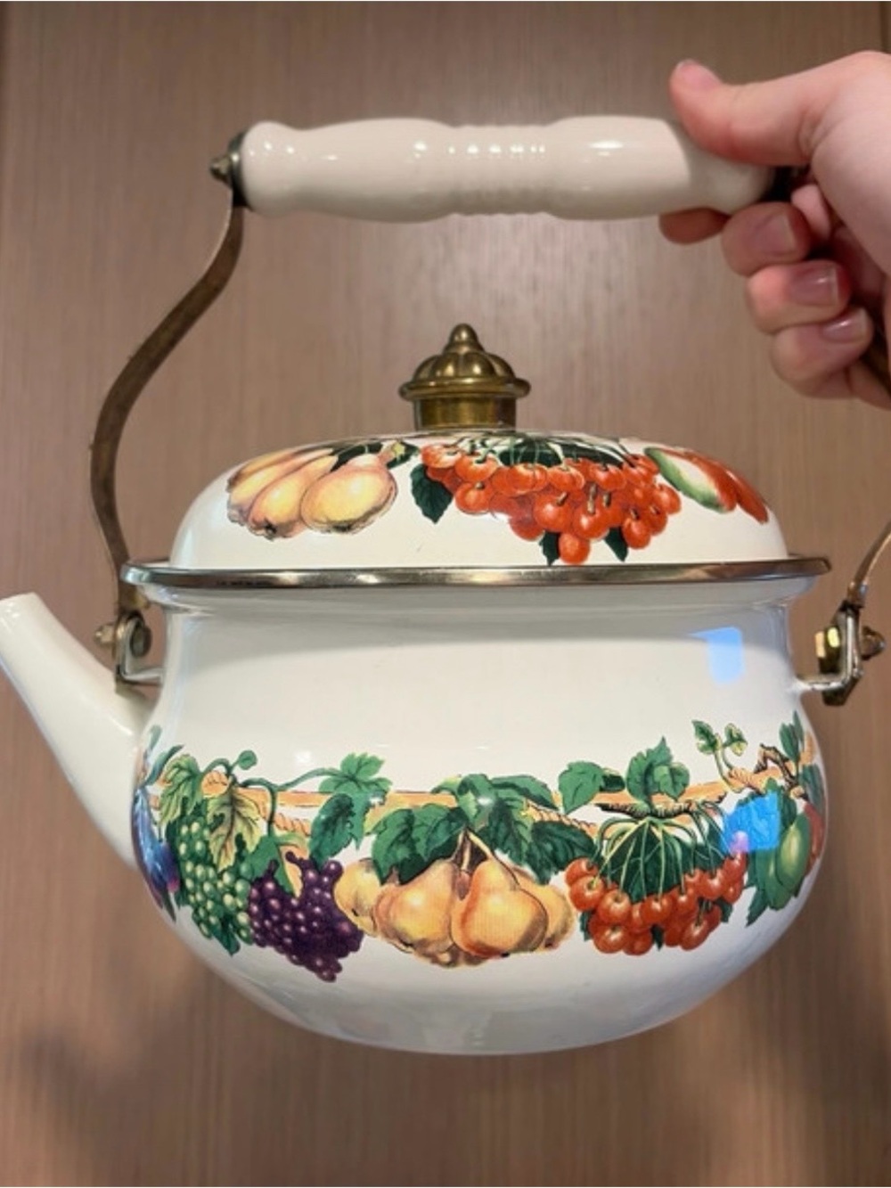 Kensington Fruit-Pattern Teapot Kettle with Brass Accents